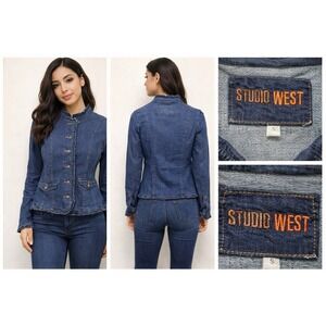 Studio West Denim Jacket Women S Victorian Ruffle Trim Fitted Blue Jean